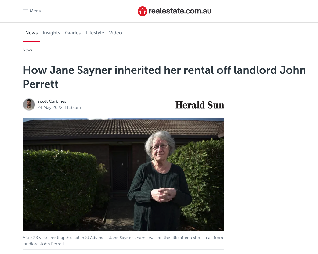 澳洲墨爾本75歲婦人簡賽納(Jane Sayner)收到房東強佩雷特(John Perrett)留給她的房子。(翻攝realestate.com.au)