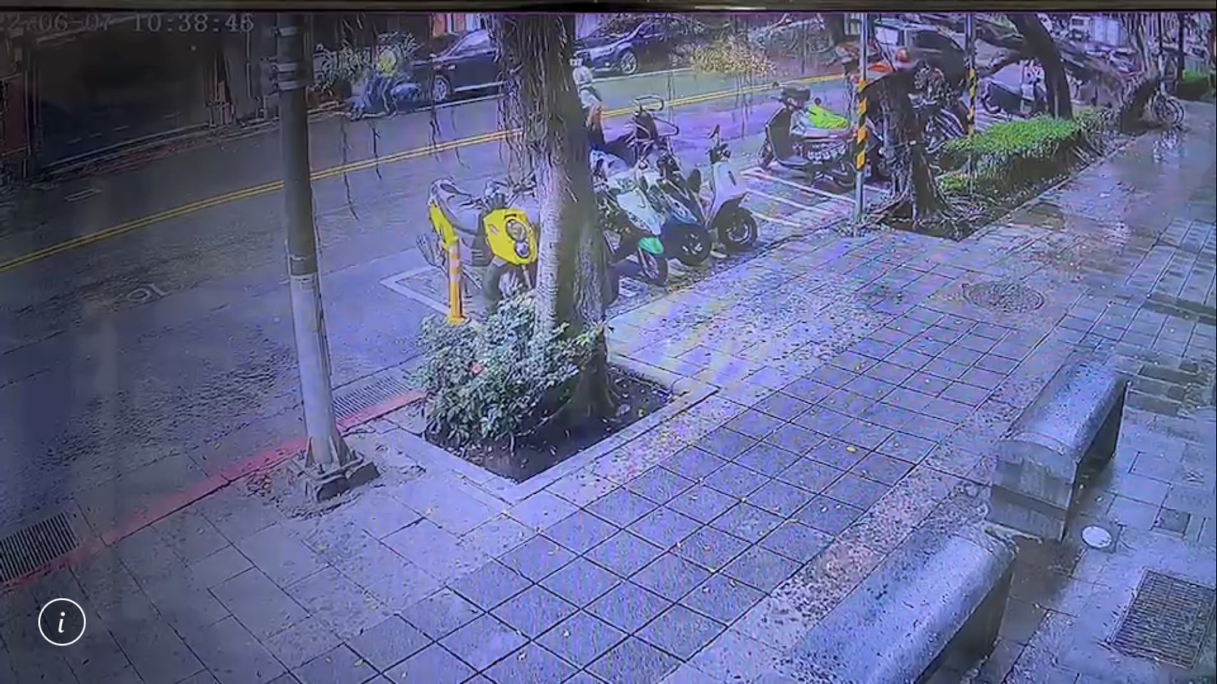 路樹傾倒瞬間,一輛行經該地的轎車閃避不及撞上。(翻攝畫面)