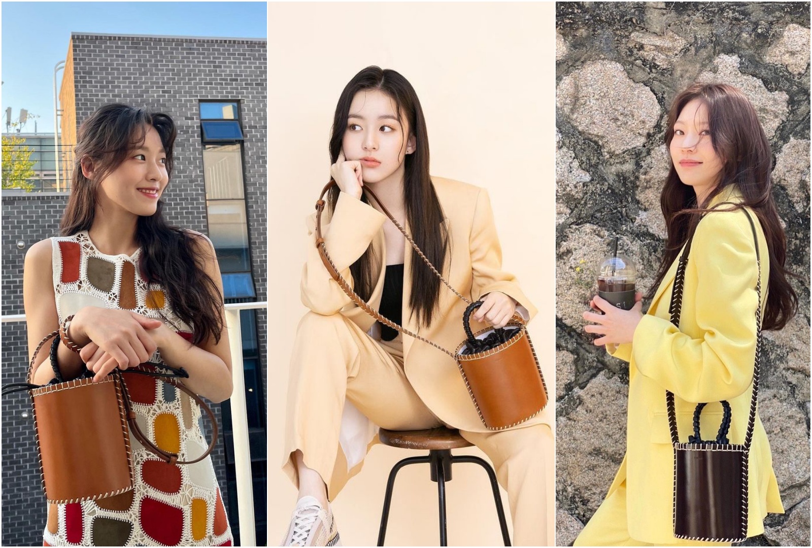 （左起）雪炫、朴持厚以及孔升妍，以不同氣質演繹Louela水桶包。（Chloé提供）