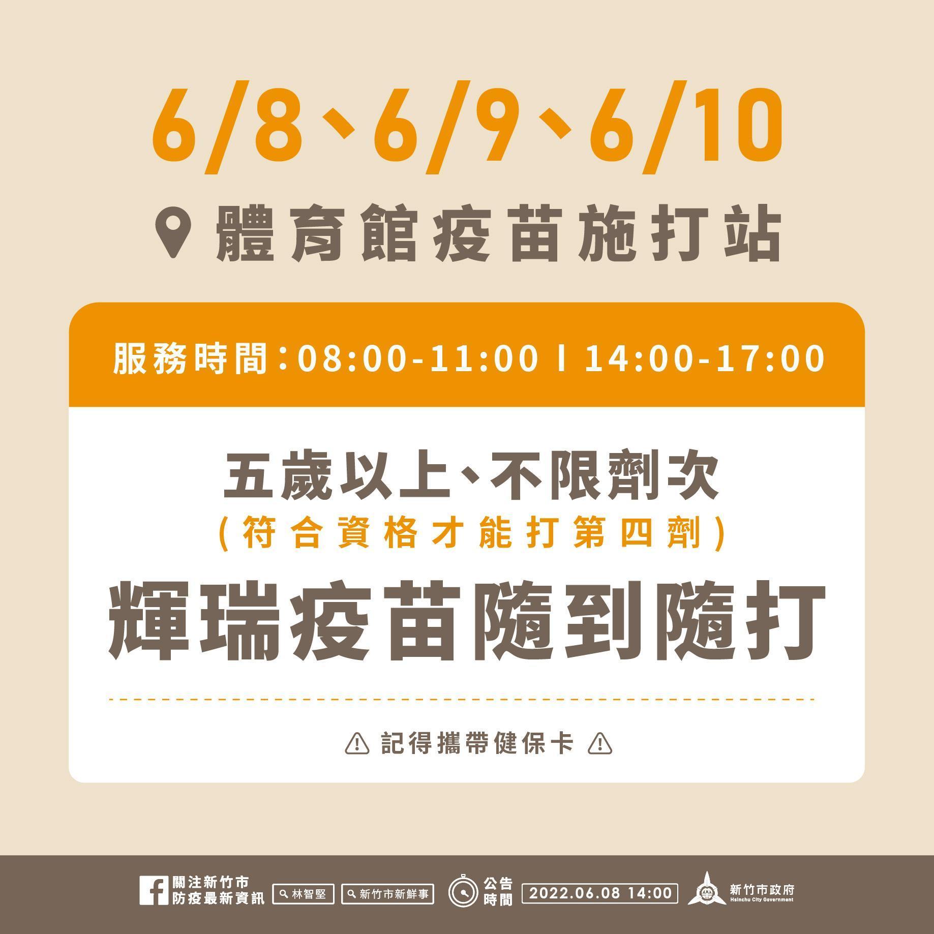 體育館施打站連續三日開放全年齡、不限劑次且隨到隨打輝瑞／BNT疫苗。（新竹市府提供）