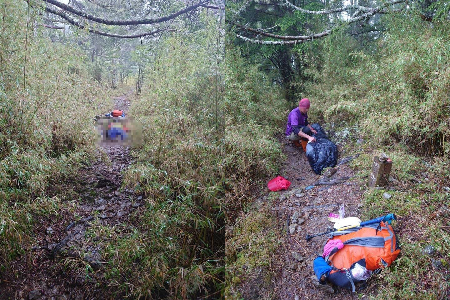 一名山友在武陵四秀桃山發現一具女性遺體,熱心的他先將遺體背至山屋,隨後報警。(翻攝靠北登山大小事)