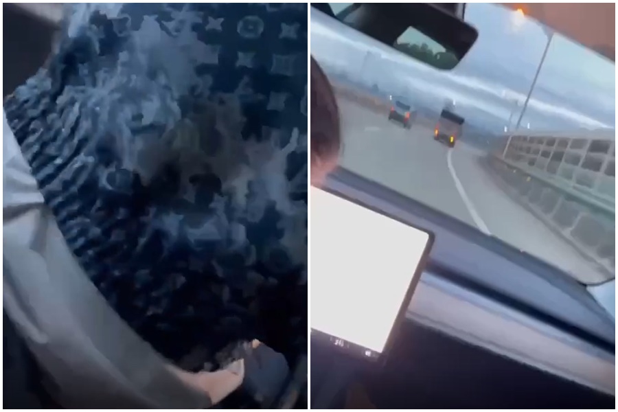 一名特斯拉駕駛與女伴在高速公路上進行「人與人連結」，8秒影片遭到外流。（翻攝自Line群組）