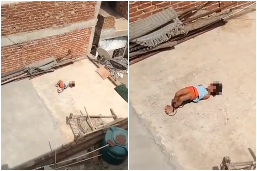 印度一名女童因未寫作業遭到母親懲罰，五花大綁並獨留她在屋頂上曬太陽。（翻攝自推特）