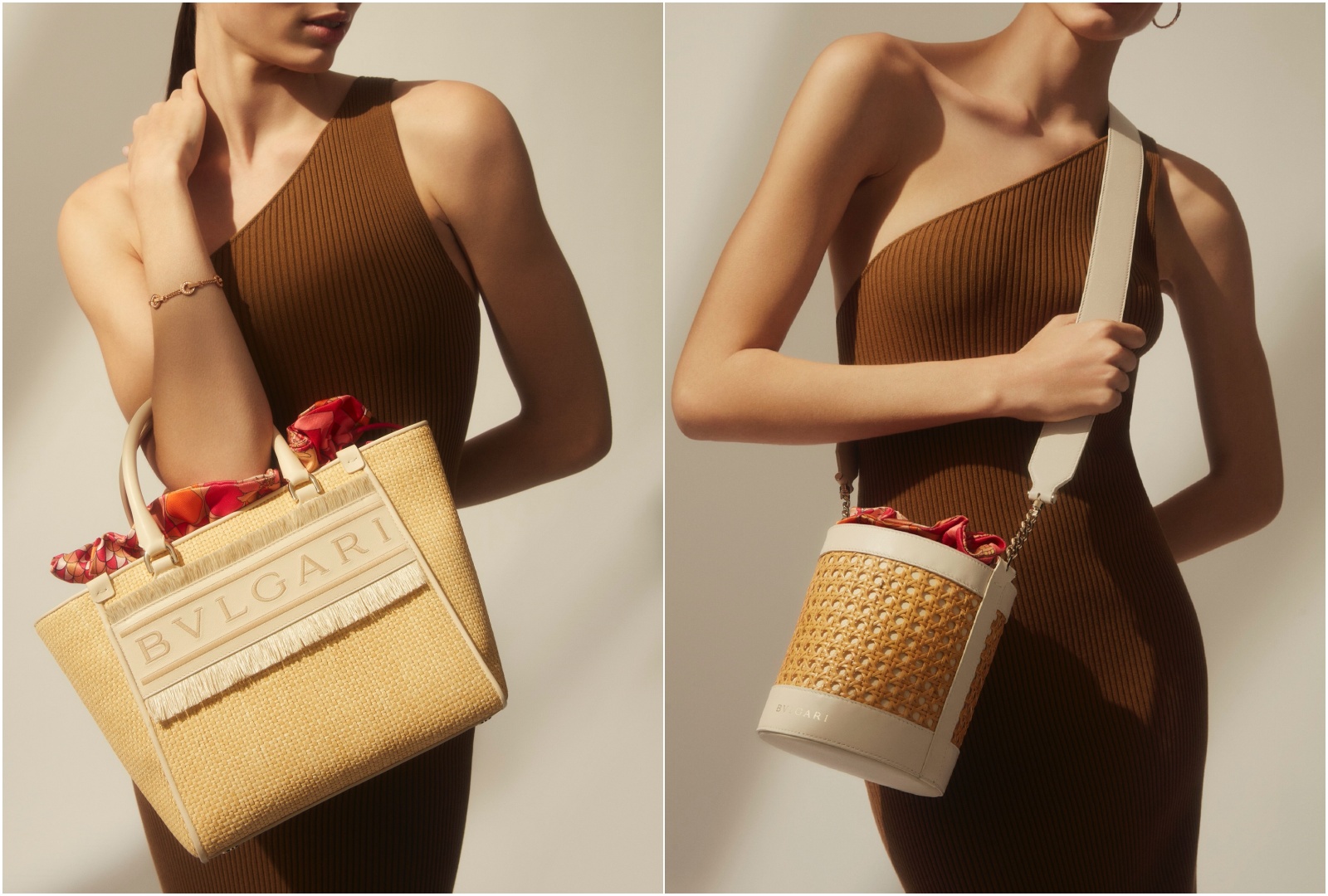 （左起）BVLGARI LOGO拉菲亞草編托特包，NT$75,900、Serpenti Forever藤編水桶包，NT$65,600。（寶格麗提供）