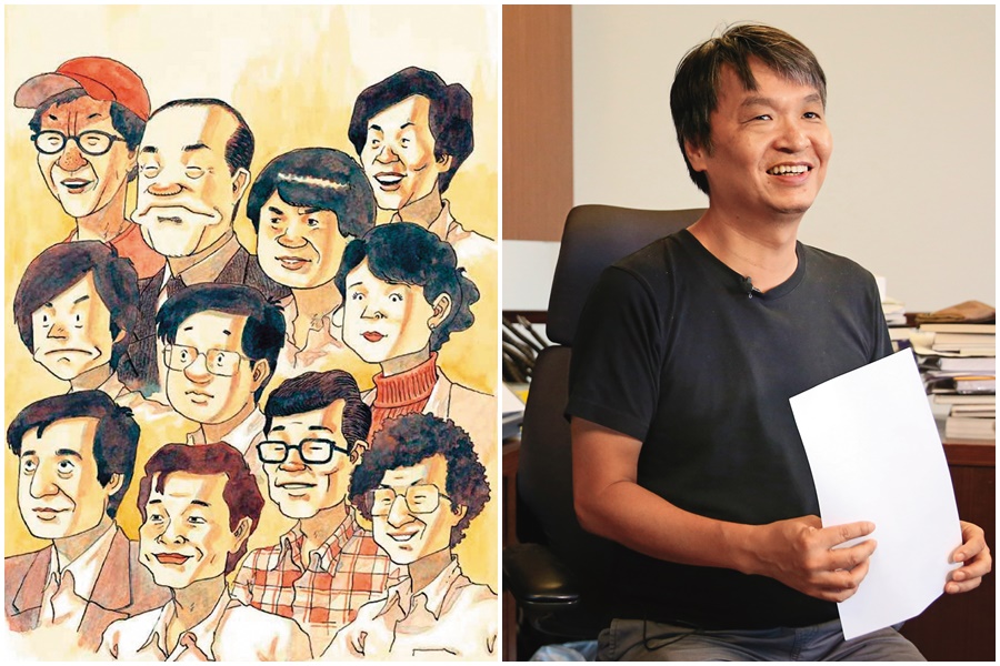 《潮浪群雄》（左圖）描繪1980年代電影人群像，莊永新（右圖）用漫畫形式重現台灣新電影的故事。（左圖大辣出版提供）