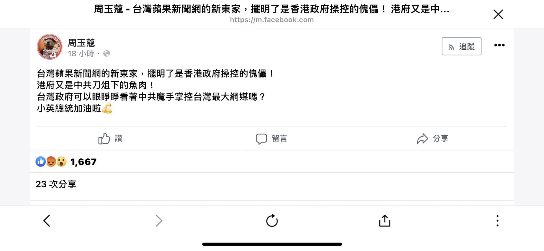 資深媒體人周玉蔻質疑《蘋果新聞網》交易案背後，是港府在幕後主導。（翻攝周玉蔻臉書）