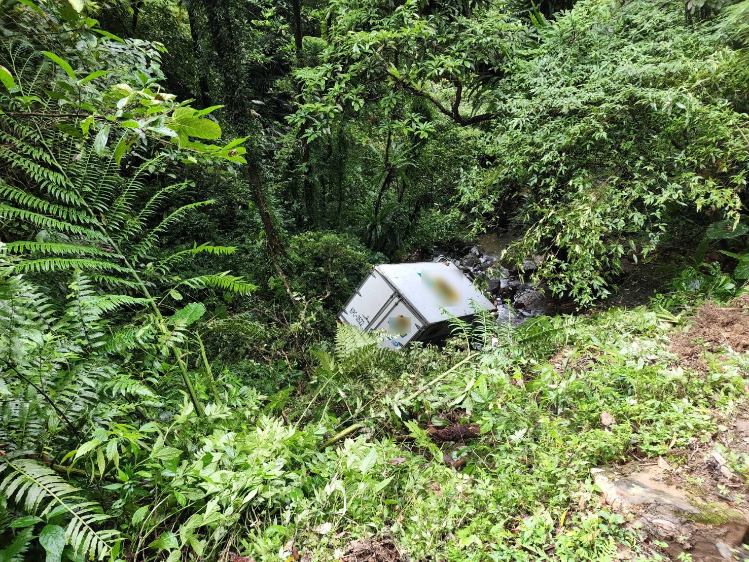 快遞公司的貨車滑落坪林山區邊坡。（新北市消防局提供）