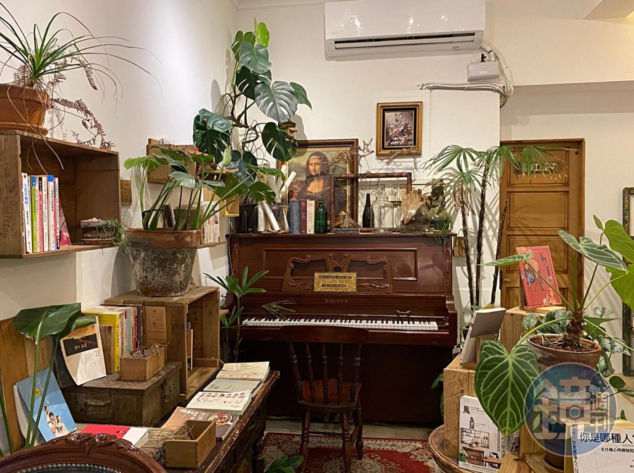 古物與家具被被鬱蔥植栽包圍。