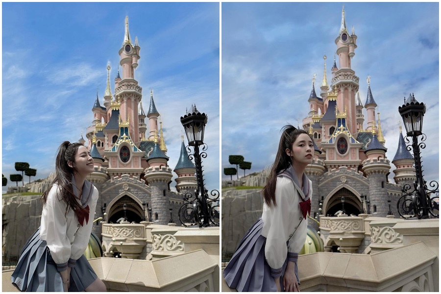 歐陽妮妮穿上學生制服到巴黎迪士尼遊玩。（翻攝自niniouyang IG）