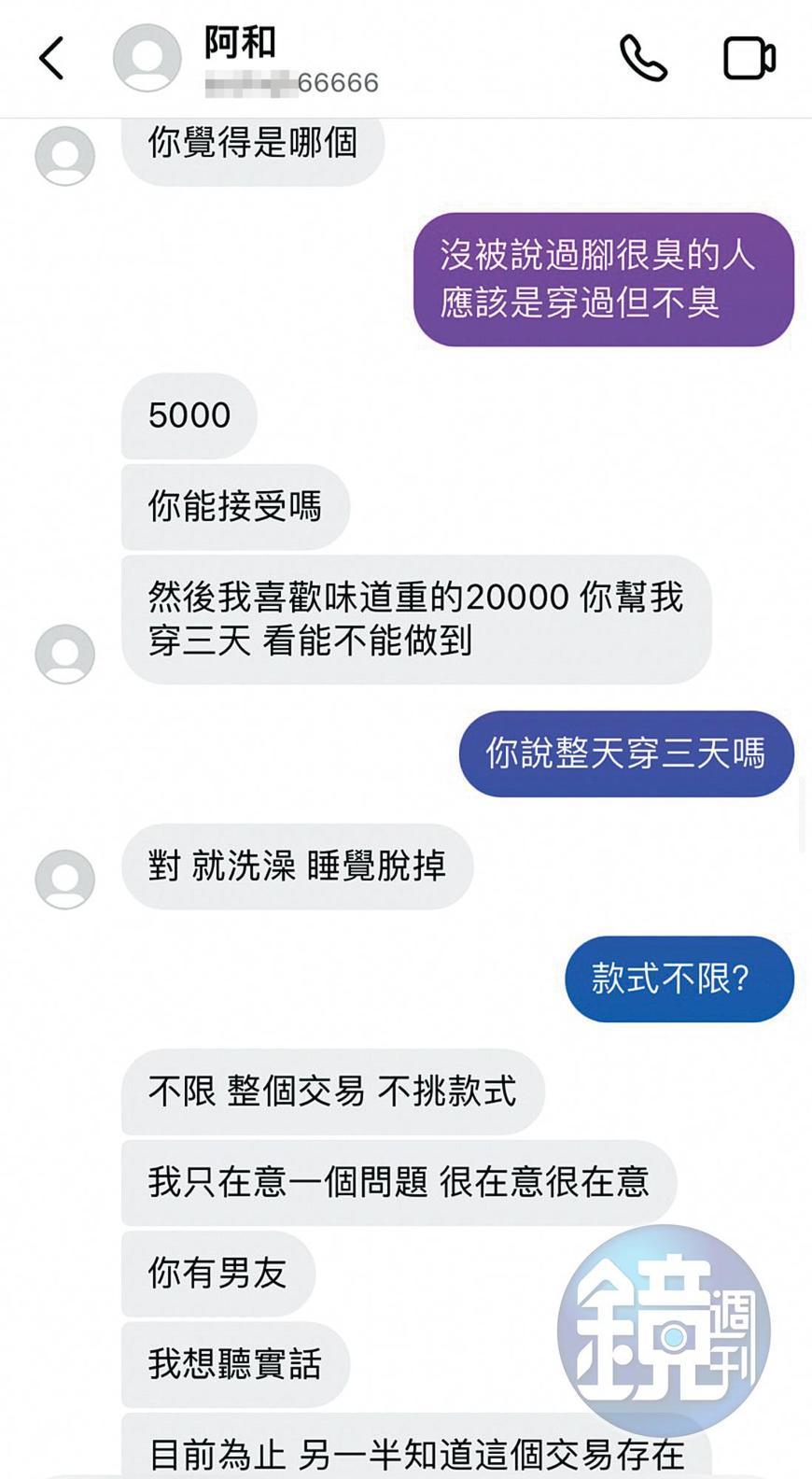 許男在IG發私訊，以5,000元買原味襪當誘餌，吸引受害人做出不雅動作。（讀者提供）