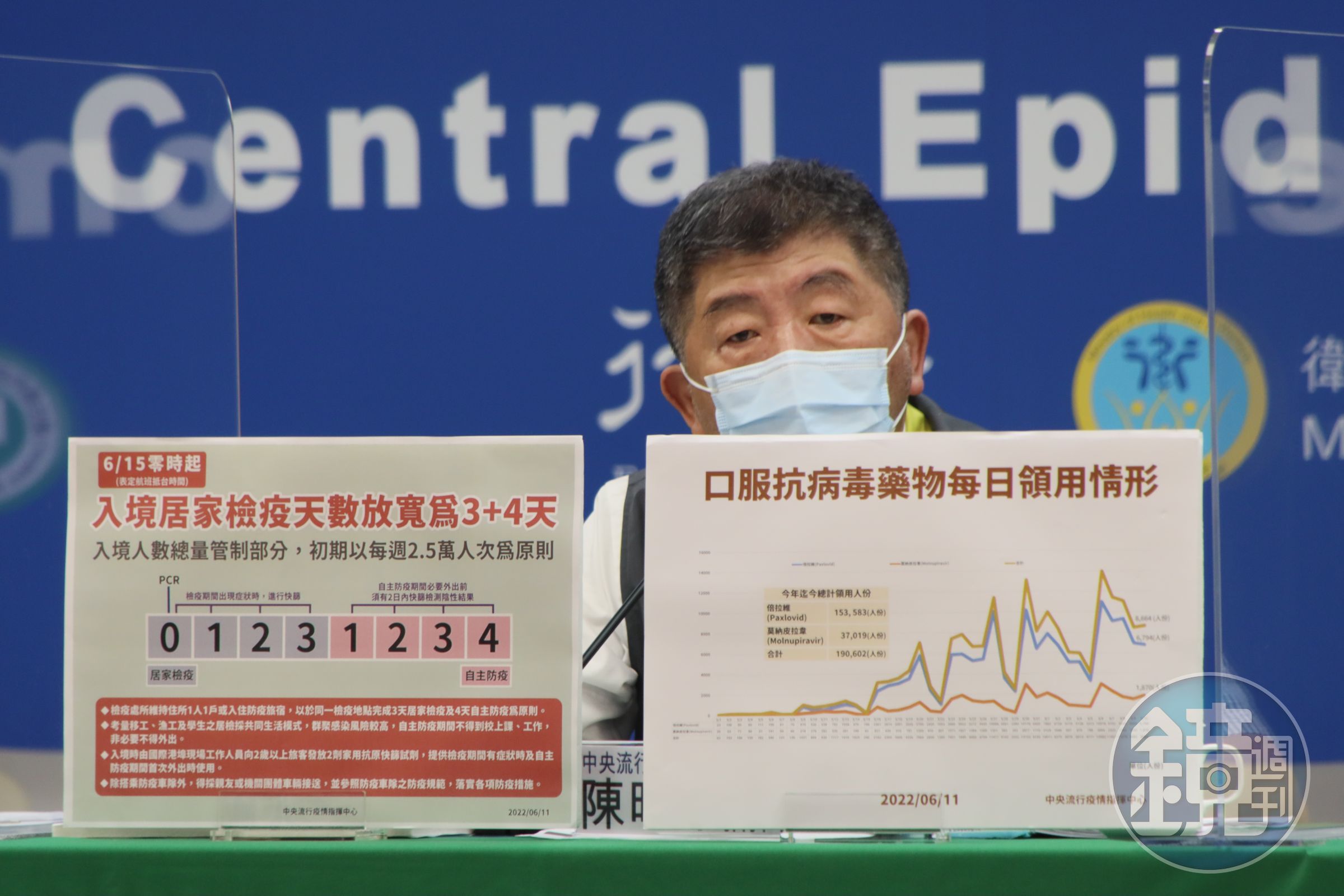 指揮官陳時中說明，自今年6月15日鬆綁商務旅客的入境檢疫措施，由現行的7+7縮短為3+4天。（指揮中心提供）