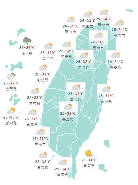 中央氣象局說明,全台各地明日白天天氣狀況。(中央氣象局提供)