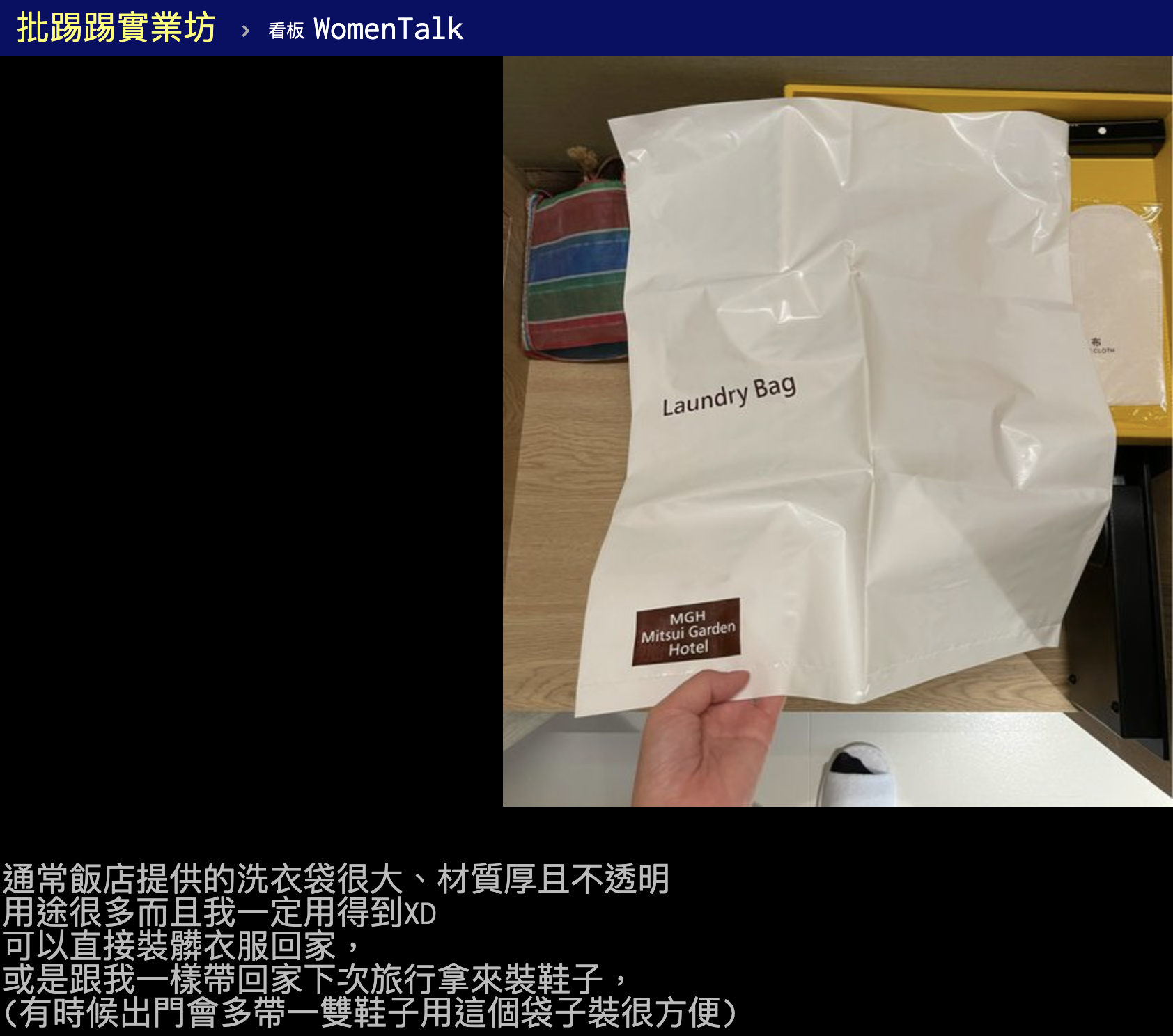 網友認為飯店洗衣袋用途很多,是她必帶備品。(翻攝自PTT)
