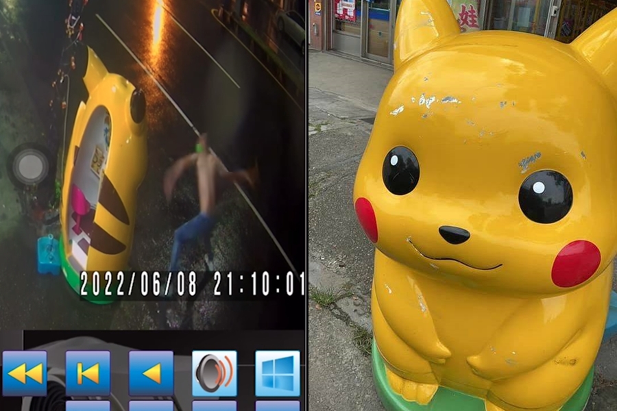 台中龍井區的一台皮卡丘遊戲機遭男子暴打。留下一堆刮痕。（翻攝自「龍井之鄉」臉書）