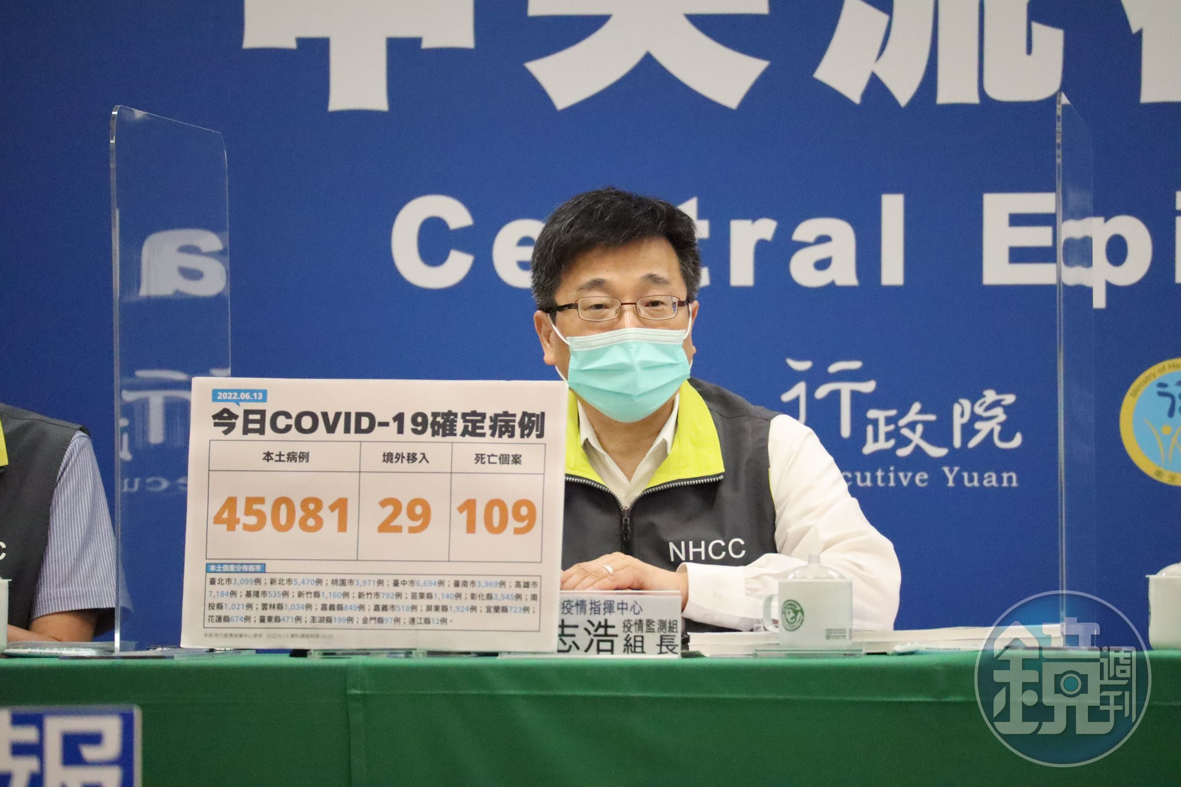 國內今（13日）新增45,110例新冠肺炎（COVID-19）確診案例，包含例45,081本土、29例境外移入、109例死亡個案。（指揮中心提供）