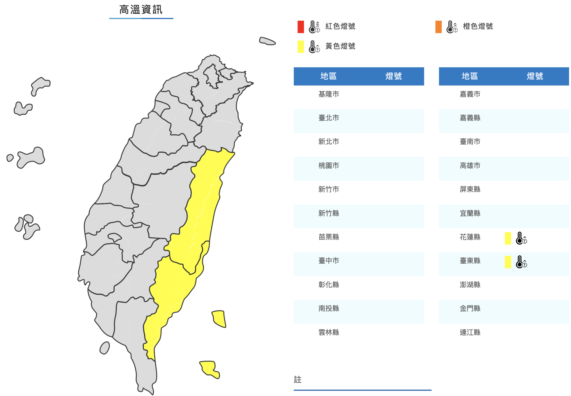 中央氣象局對花東2地發布高溫警報。(翻攝自中央氣象局)