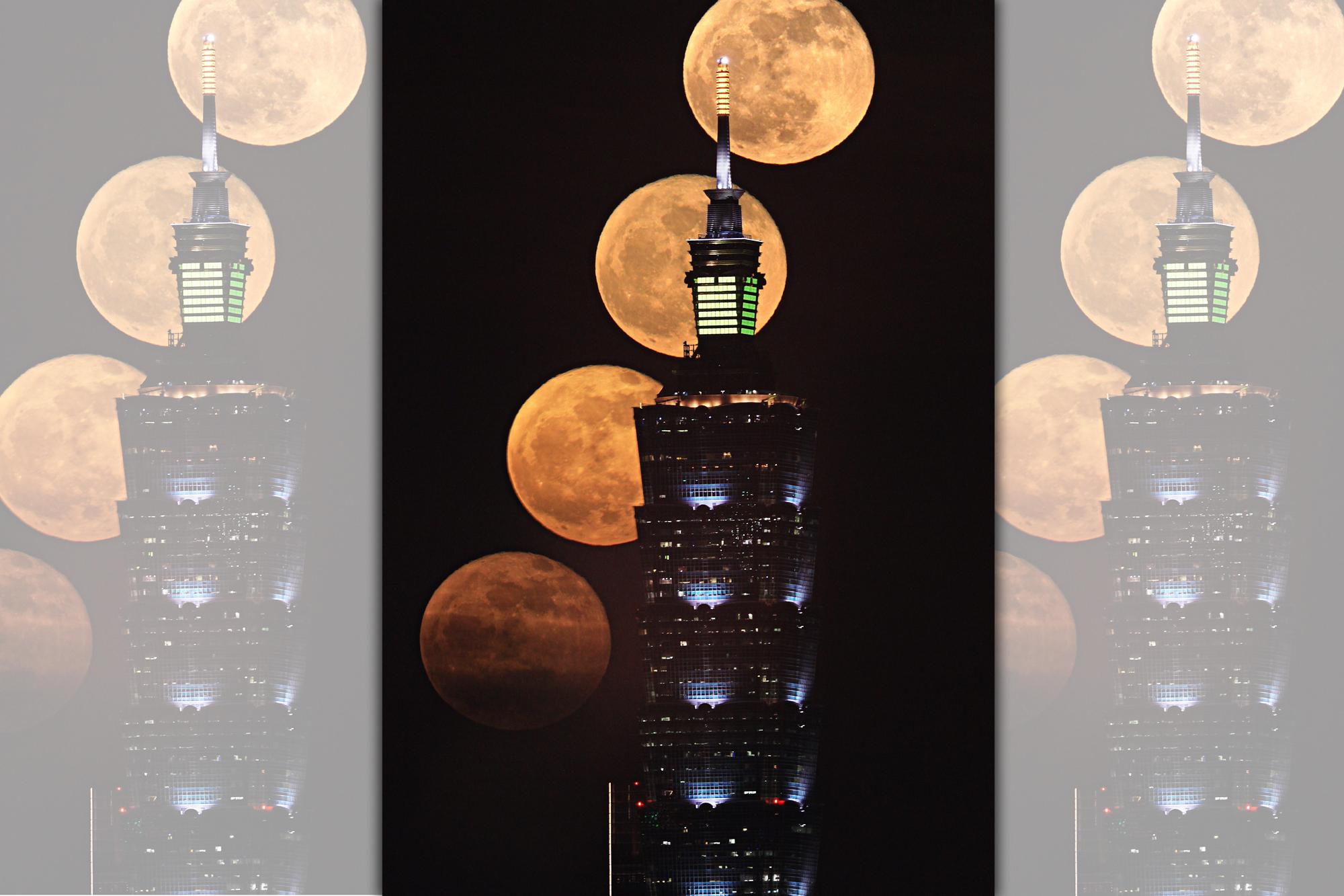 今年首次「超級滿月」將發生在今晚19時52分。圖為吳昆臻先生拍攝的滿月與台北101大樓。(台北天文館提供)