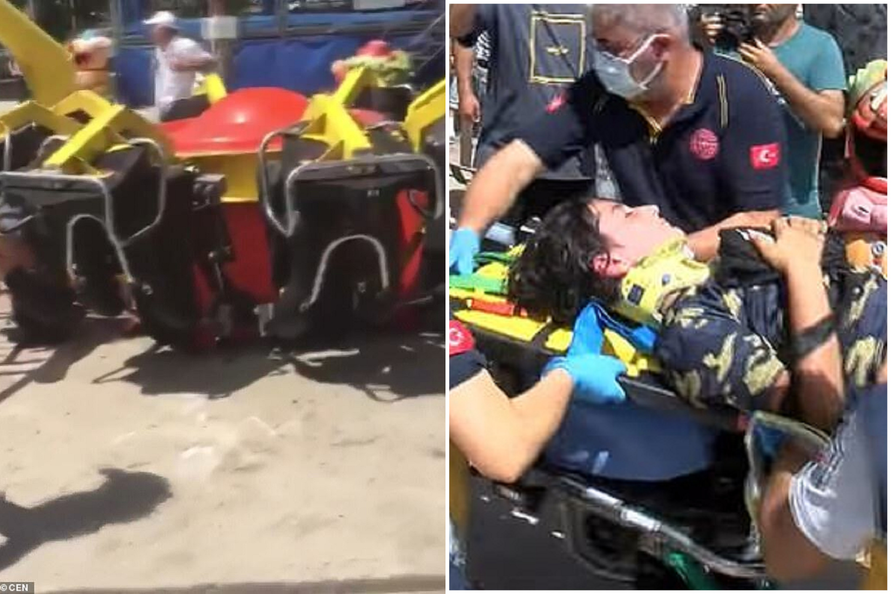 恐怖遊樂園驚悚片曝光！「刺激飛碟」故障飛拋衝天，多名兒童重摔受傷。（翻自英國《每日郵報》）