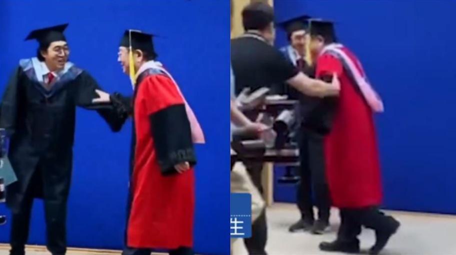 中國山東青島農業大學經管學院校長，日前站了4個小時和每一位畢業生合照，下台時似乎腳麻，需要人攙扶。（翻攝澎湃新聞）