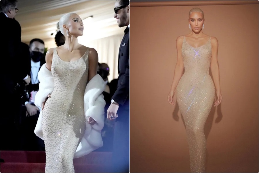 名媛金卡戴珊穿上一襲瑪麗蓮夢露曾穿過的禮服亮相。（翻攝金卡戴珊IG）