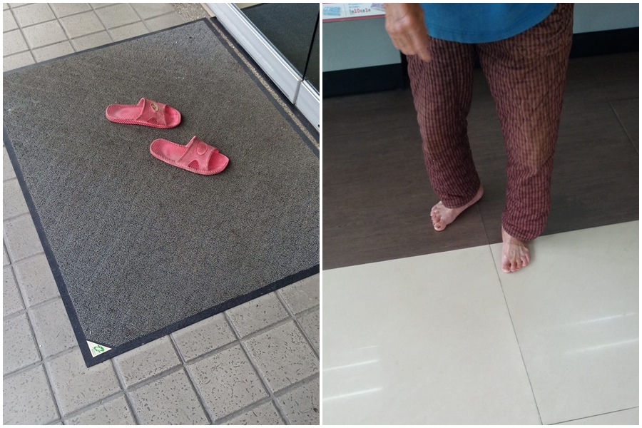 彰化一位阿嬤「怕踩髒地板」脫鞋進超商，網友紛紛被阿嬤的善良給感動到。（翻攝自臉書社團二林人的大小事）