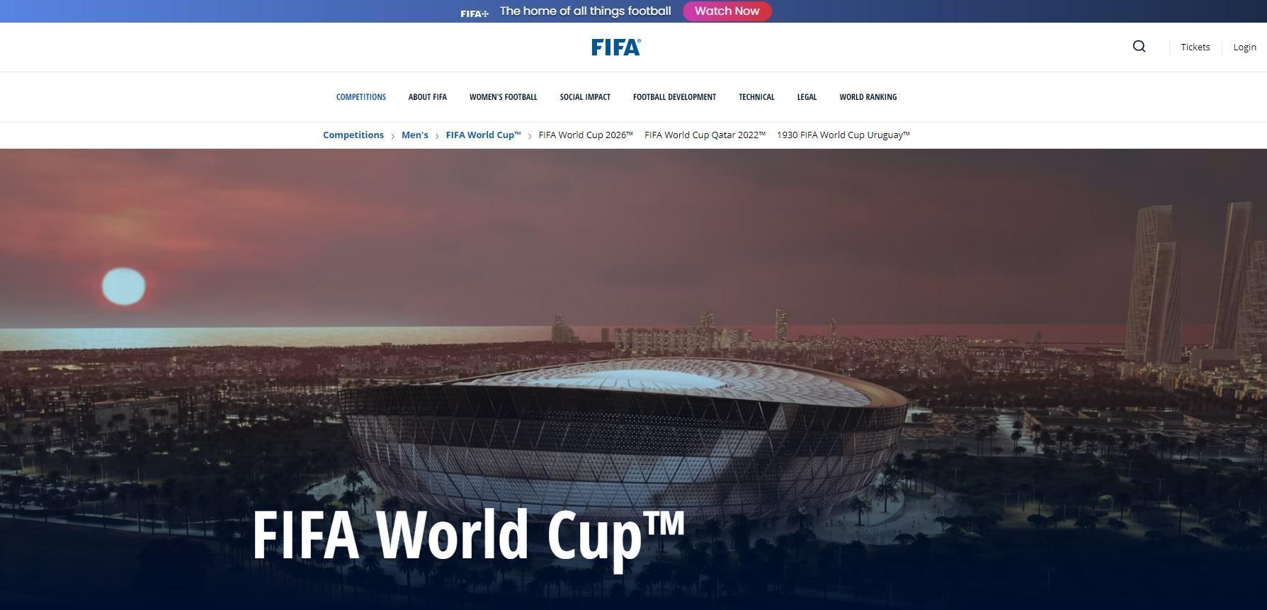 離今年FIFA世界盃還有158天,有球迷幸運抽到門票,卻發現申請「球迷證」時沒有台灣的選項。圖為國際足總官網。(翻攝自fifa.com)