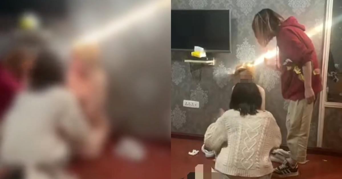 中國一名女子遭多人狂賞巴掌、扯髮，衣服甚至被扒光。（翻攝自微博）