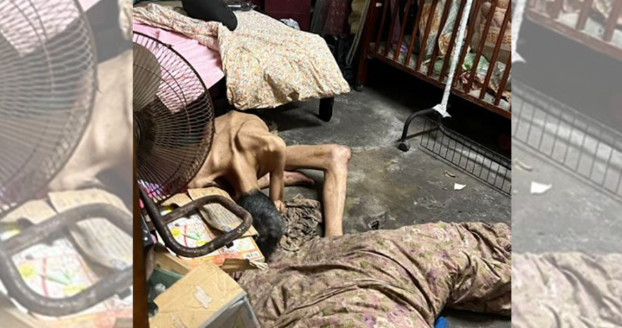 老三已餓成皮包骨，全身無力呆坐在地上。（翻攝賴清美議員臉書）