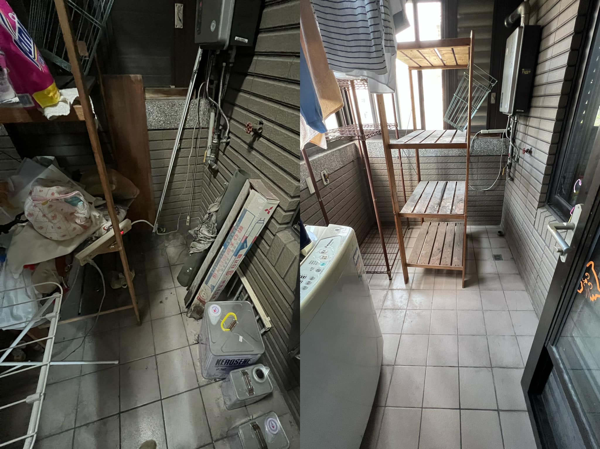高嘉瑜萬年沒整理的陽台(左圖)超恐怖,被網友封為「鬼屋」,所幸整理後(右圖)已經好很多。(翻攝自高嘉瑜臉書)