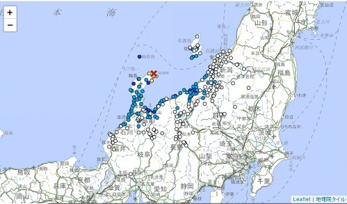 日本能登半島在今日上午10時31分左右，發生震度5強的強震。（翻自日本氣象廳）