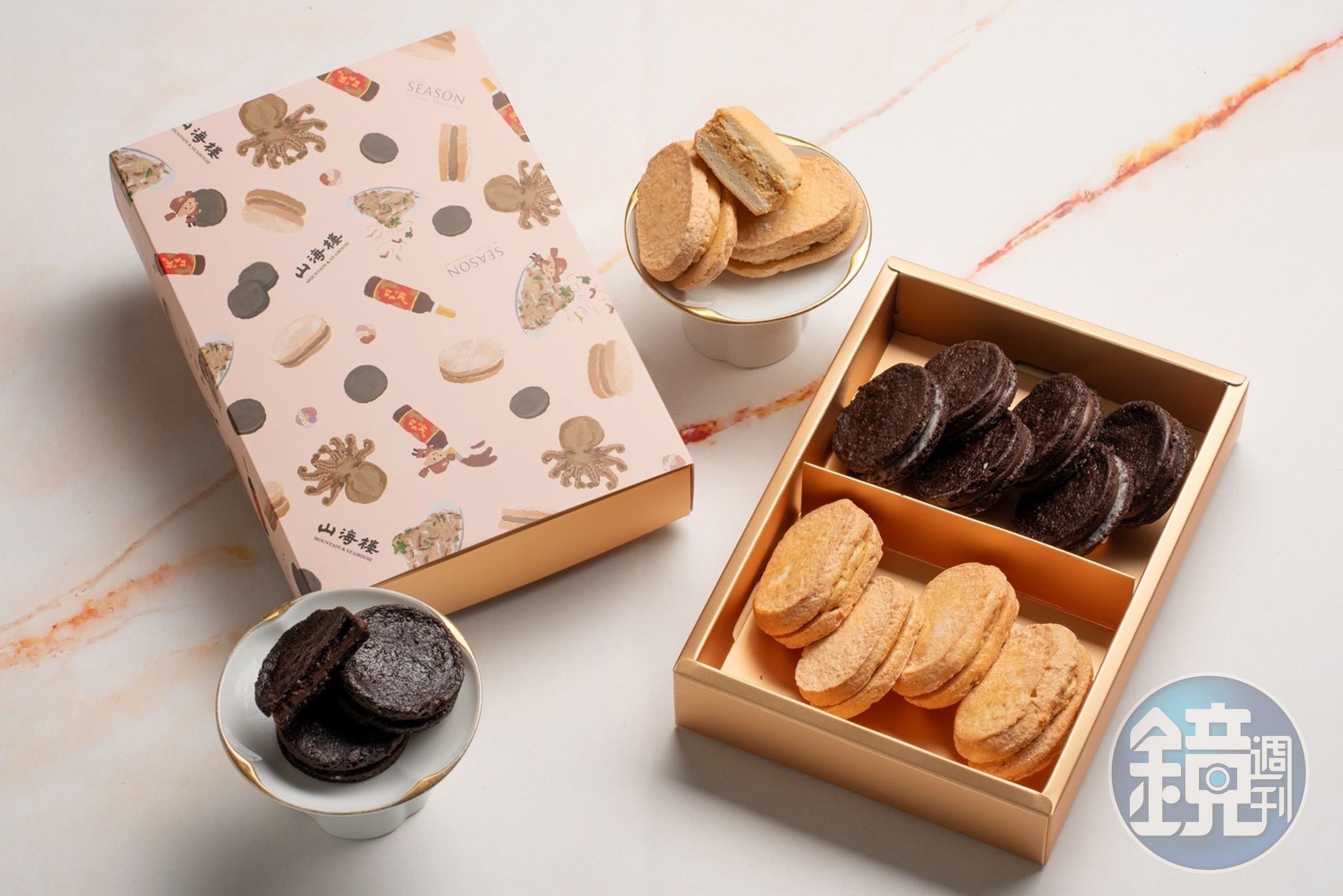 山海樓X SEASON聯名甜點「經典台味法點禮盒」以山海樓的招牌菜色「古早味炒米粉」以及「藥膳醉蝦」為靈感設計。（699元／份）（山海樓提供）