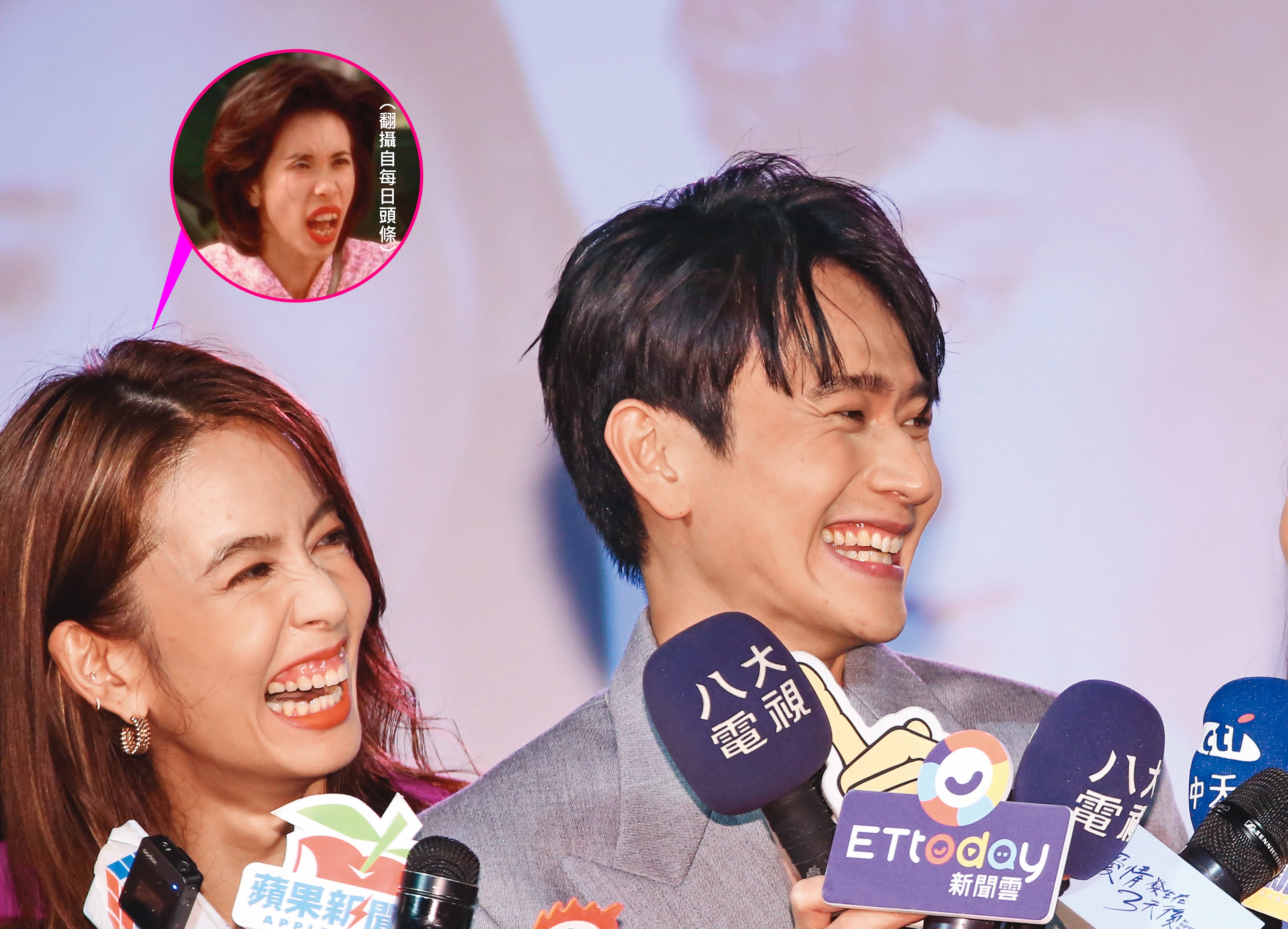 陳庭妮（左）在新戲咬劉冠廷（右），看這一口《食神》雞姐級暴牙（小圖），咬合力應該相當驚人。（胡宇威請小心）