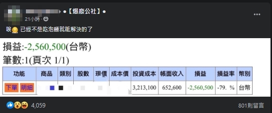 一名網友曝光自己的股票損益表，哀嘆連泡麵都無法解決了。（翻攝自爆廢公社）