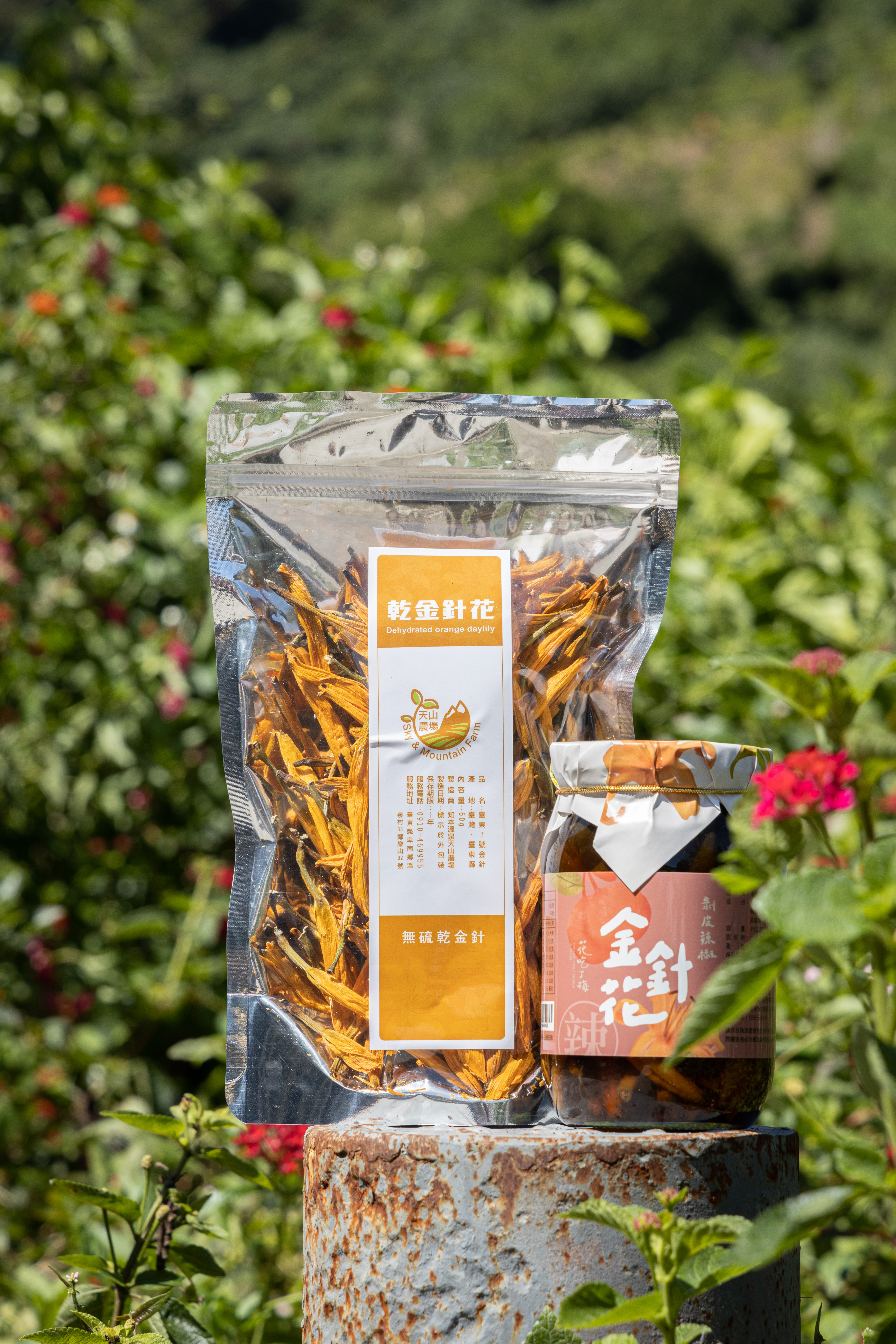 農場販售加工製成的「無硫乾金針」(左,180元/包)、「剝皮辣椒金針花」(右,280元/罐)