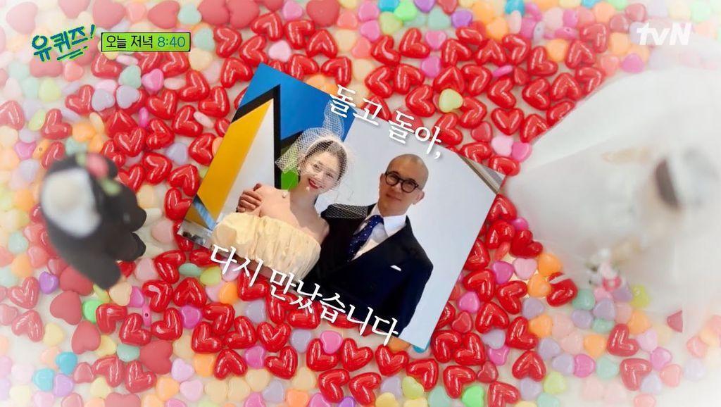 具俊曄（右）穿著西裝，大S戴著頭紗臉上盡是藏不住的笑容。（翻攝tvN） 