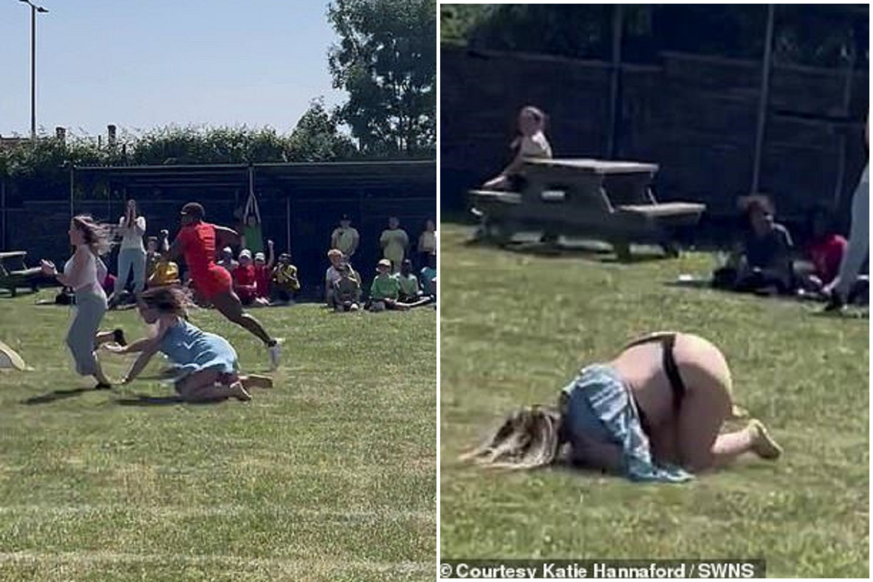 媽媽參加女兒運動會悲劇了！一個跌倒連身裙整件掀起，春光全洩秒變18禁。（翻自英國《每日郵報》）