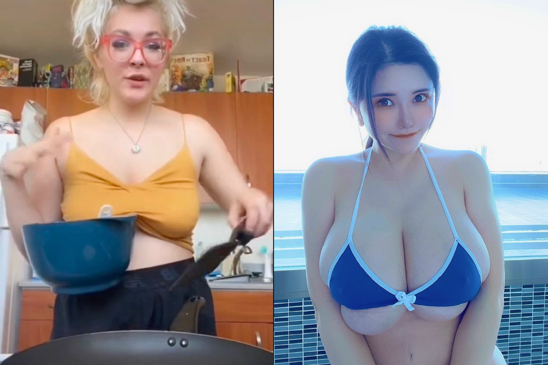 巨乳太強大！「新功能」還有這招，夾起水盆讓人興奮了。圖右為前AV女優沖田杏梨。（翻自TikTok+推特）