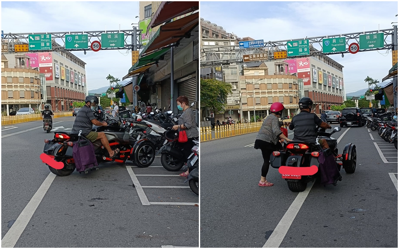 有網友拍到一位阿公騎著7位數百萬重機，拿來載阿嬤當「買菜車」的照片，引發網路熱議。（翻攝自爆廢公社）