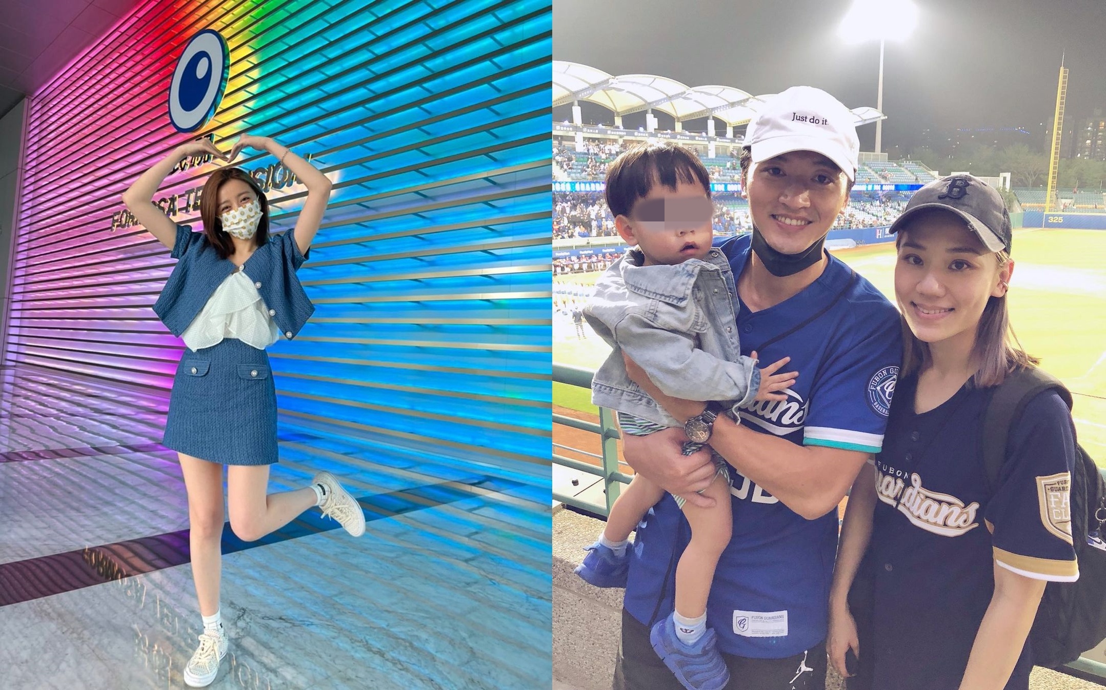 對於馬俊麟（右圖中）與王瞳（左圖）「同戲不同框」，他老婆梁敏婷（右圖右）回應了。（翻攝王瞳、梁敏婷IG）