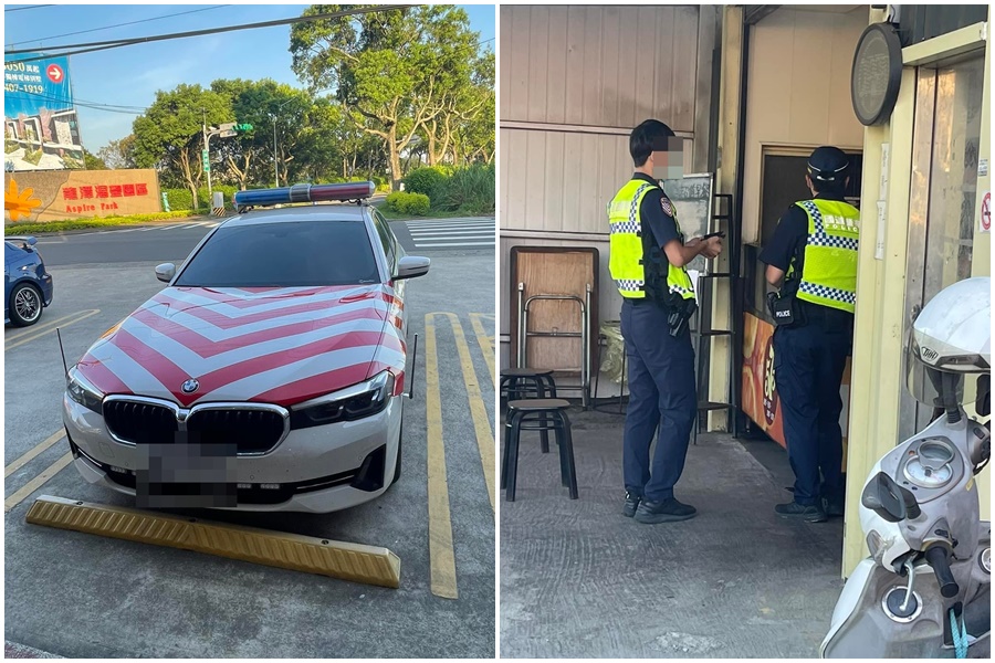 網友拍下警員將警車停超商，去旁邊買餐點的畫面，試圖想以諷刺口吻公審2位員警。（翻攝自爆料公社）