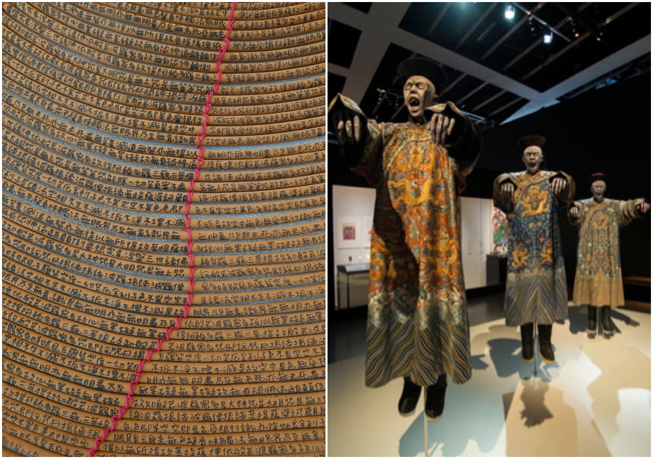 「亞洲的地獄與幽魂」特展將在明天開幕展出，左圖為展出佛經，右圖為身穿清朝服裝的殭屍照。（翻攝自台南市美術館臉書）