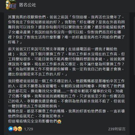 不少人出社會都會烏鴉反哺,為孝敬父母養育之恩固定給孝親費。(翻攝自匿名公社)