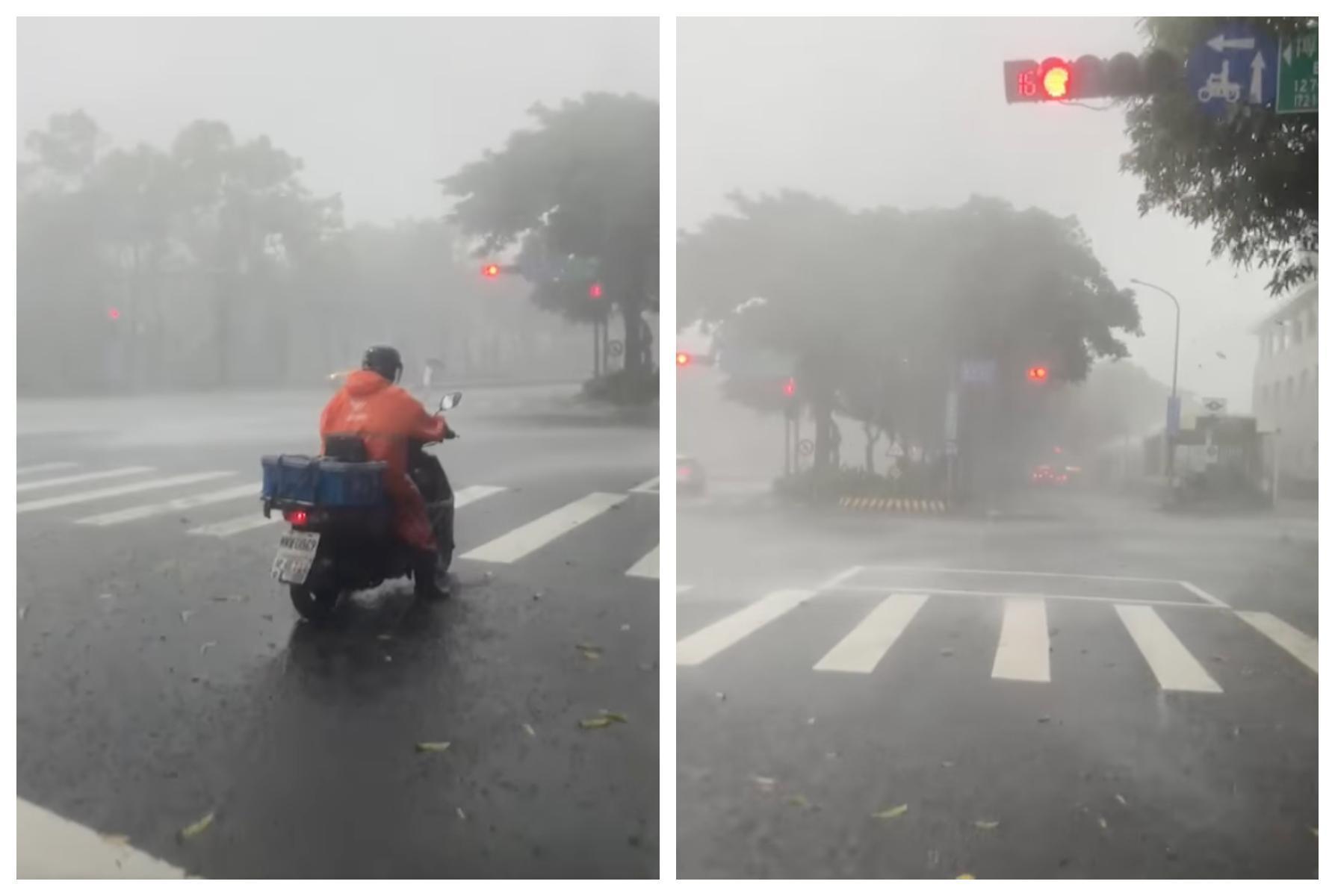 外送員冒著風雨的驚險畫面被拍下。（翻攝「外送員的奇聞怪事」臉書社團）