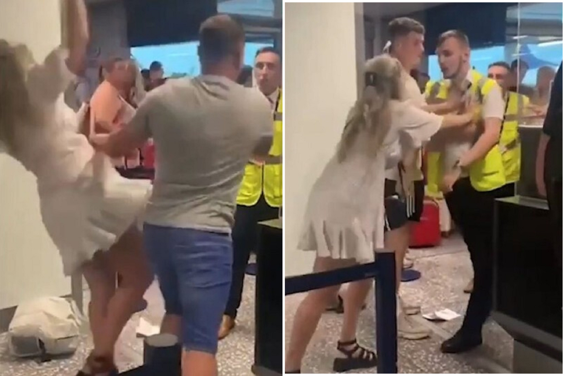 這款男友很母湯！男大鬧機場打人，女友幫腔被他當「障礙物」狠推重摔。（翻自英國《都市報》）