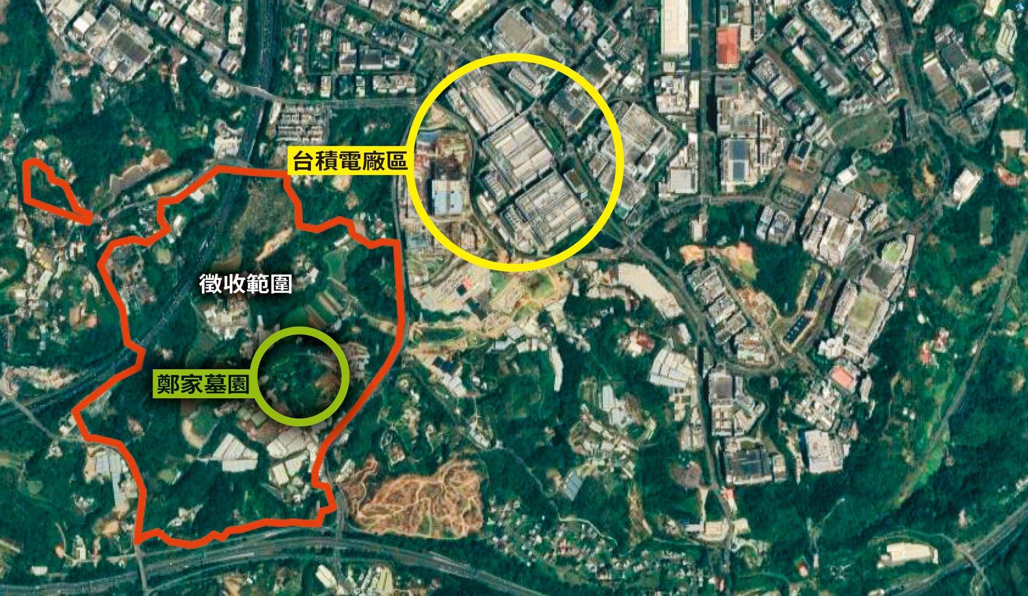 竹科管理局為幫台積電新廠獵地（紅框處），共徵收27萬坪土地，含鄭家百年墓園。（翻攝自Google Maps）