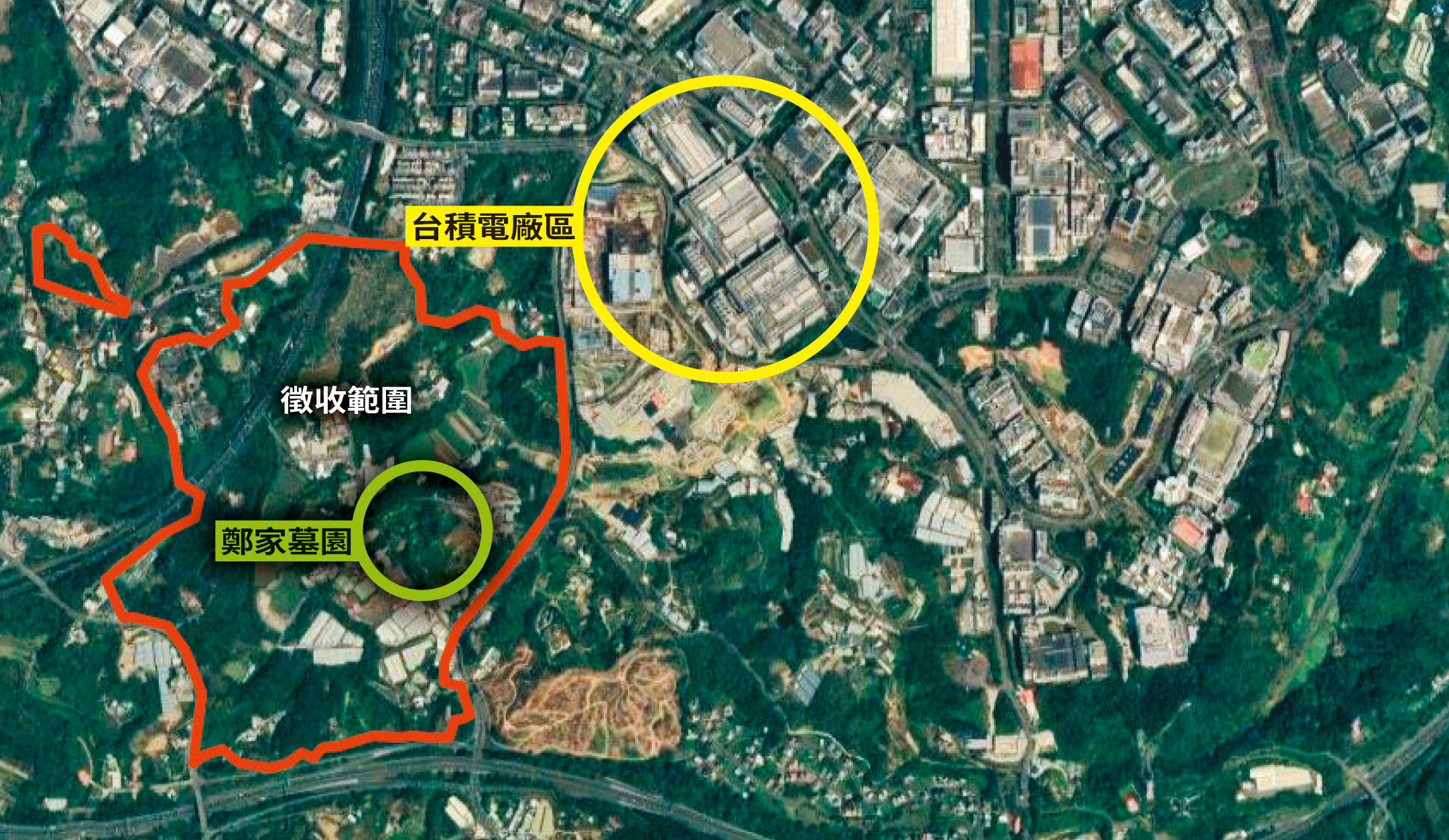 竹科管理局為幫台積電新廠獵地（紅框處），共徵收27萬坪土地，含鄭家百年墓園。（翻攝自Google Maps）