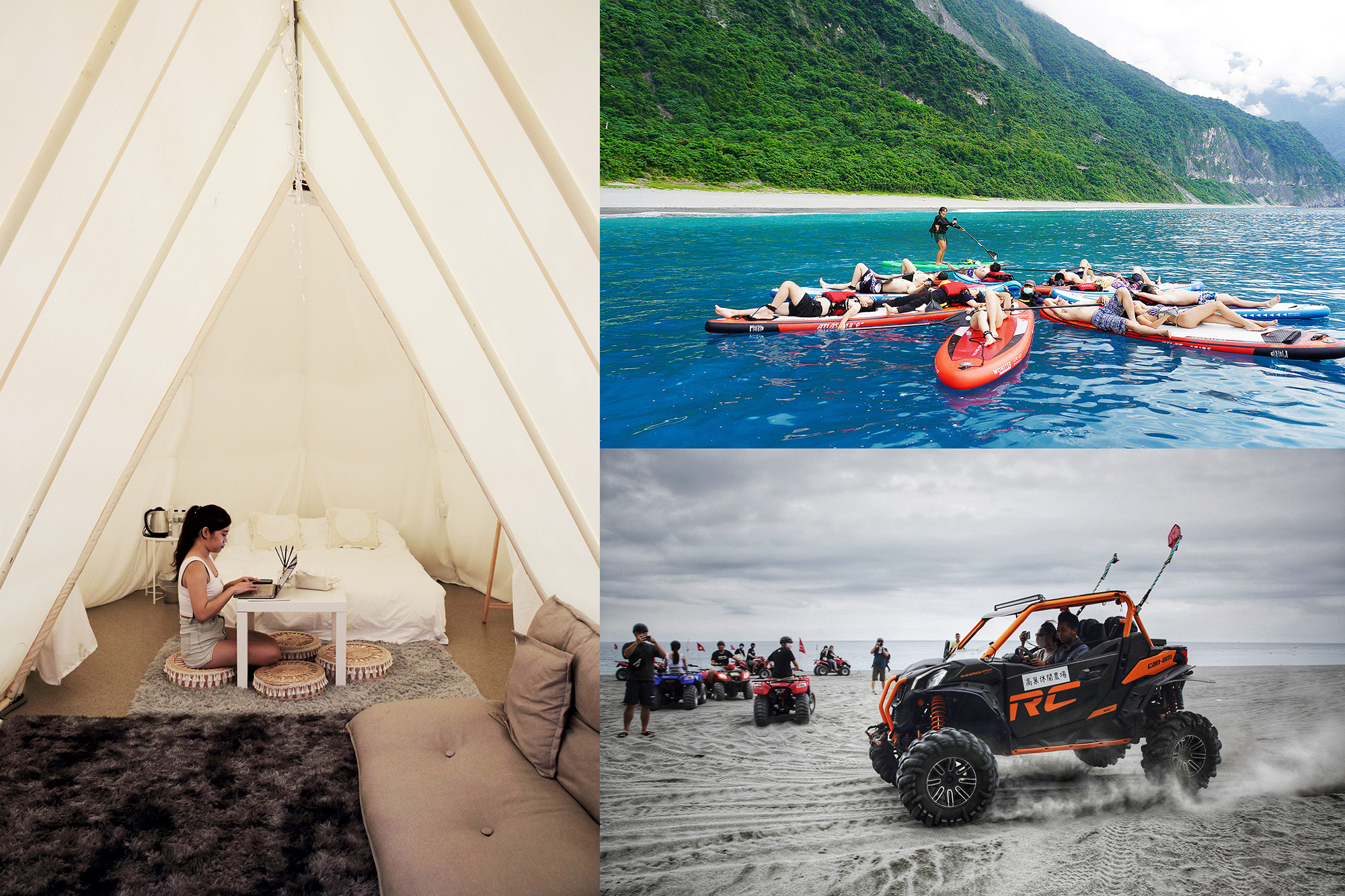 位於花蓮崇德海岸旁的全新豪華露營區「高巢休閒農場」，不僅步行2分鐘就能直奔沙灘，還能體驗飆沙灘車與滑SUP飽覽清水斷崖壯闊美景的樂趣。