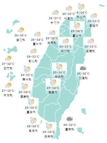 全台今日白天天氣狀況一覽。（中央氣象局提供）