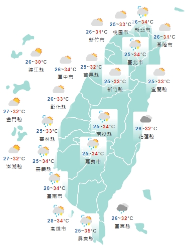 全台今日白天天氣狀況一覽。(中央氣象局提供)