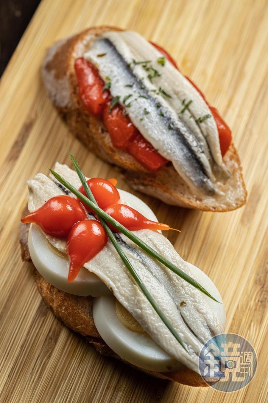 「醋漬鯷魚佐甜椒橄欖(上,95元/個)」的油封甜椒以老奶奶食譜加入許志成的想法改良,多了橄欖鹹味,油潤開胃;「醋漬鯷魚佐白煮蛋與蝦夷蔥(下,110元/個)」吃得到鯷魚本身的肉質口感。